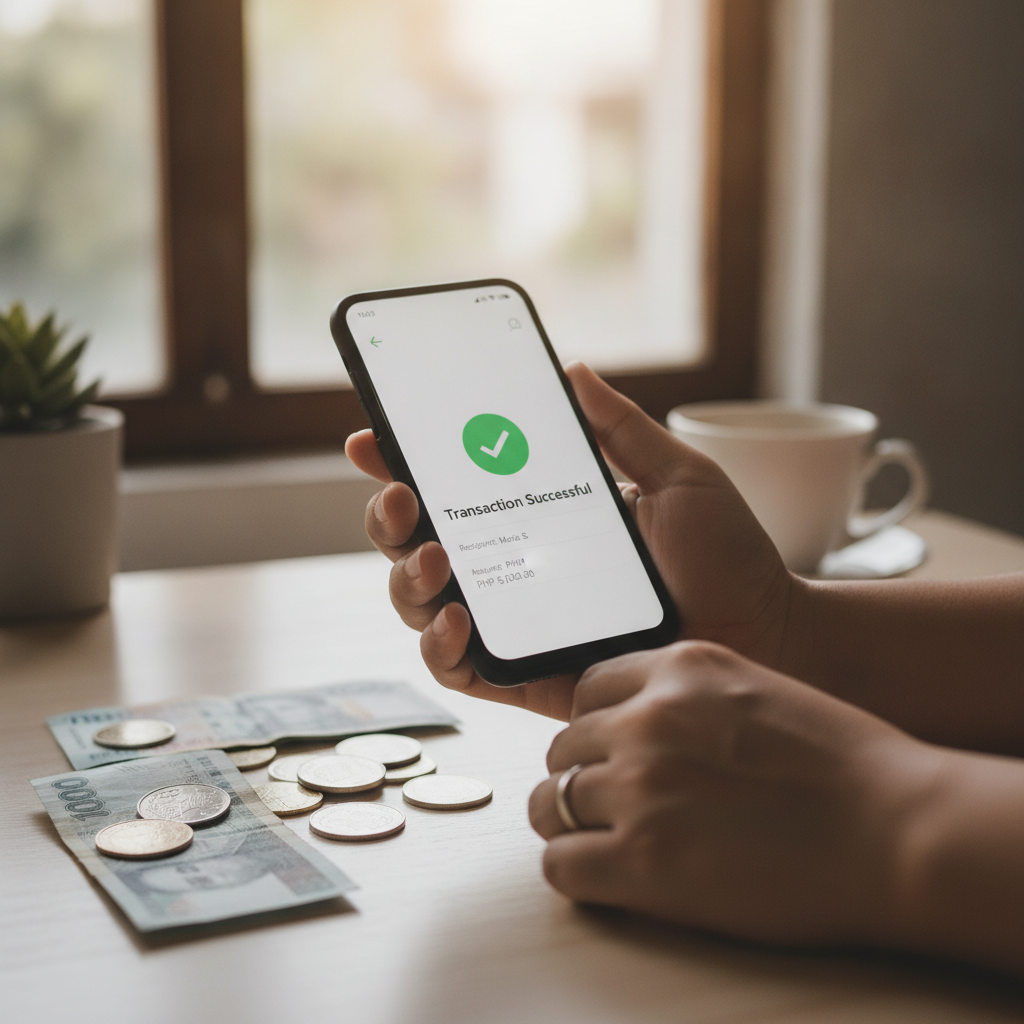 Filipino player checking successful GCash withdrawal on smartphone